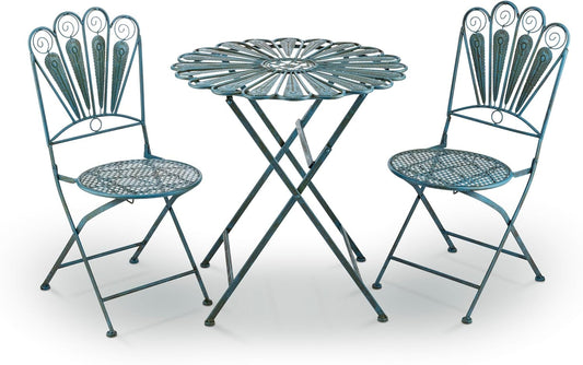 Indoor/Outdoor 3-Piece Peacock Feather Rustic Metal Bistro Set Patio Seating, Light Blue-0