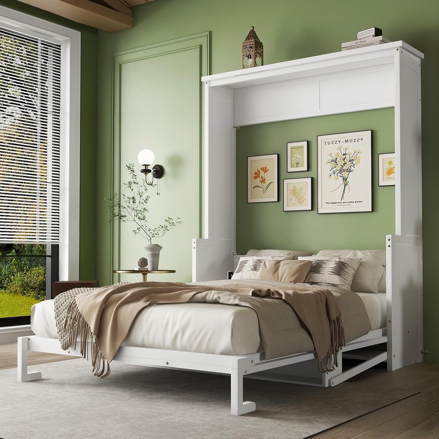 Queen Size Murphy Bed with Storage Shelf White-0