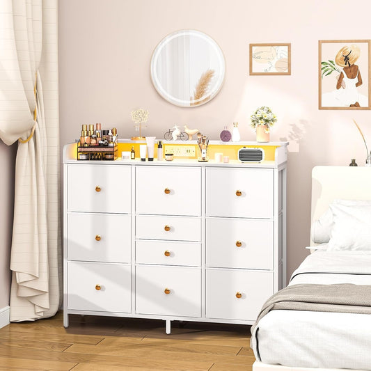 Dresser for Bedroom with Charging Station and LED Lights, Tall Dresser TV Stand with 10 Storage Drawers,Fabric White Dressers & Chests of Drawers,Wood Dresser for Kids Bedroom Closet Organizer-1