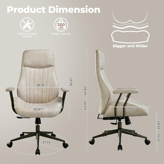 Ergonomic Home Office Chair, Mid-Century Modern Leather Chair with Lumbar Support, High Back Swivel Rolling Executive Chair, Comfy Task Computer Desk Chair (Beige, Suede Leather)-1