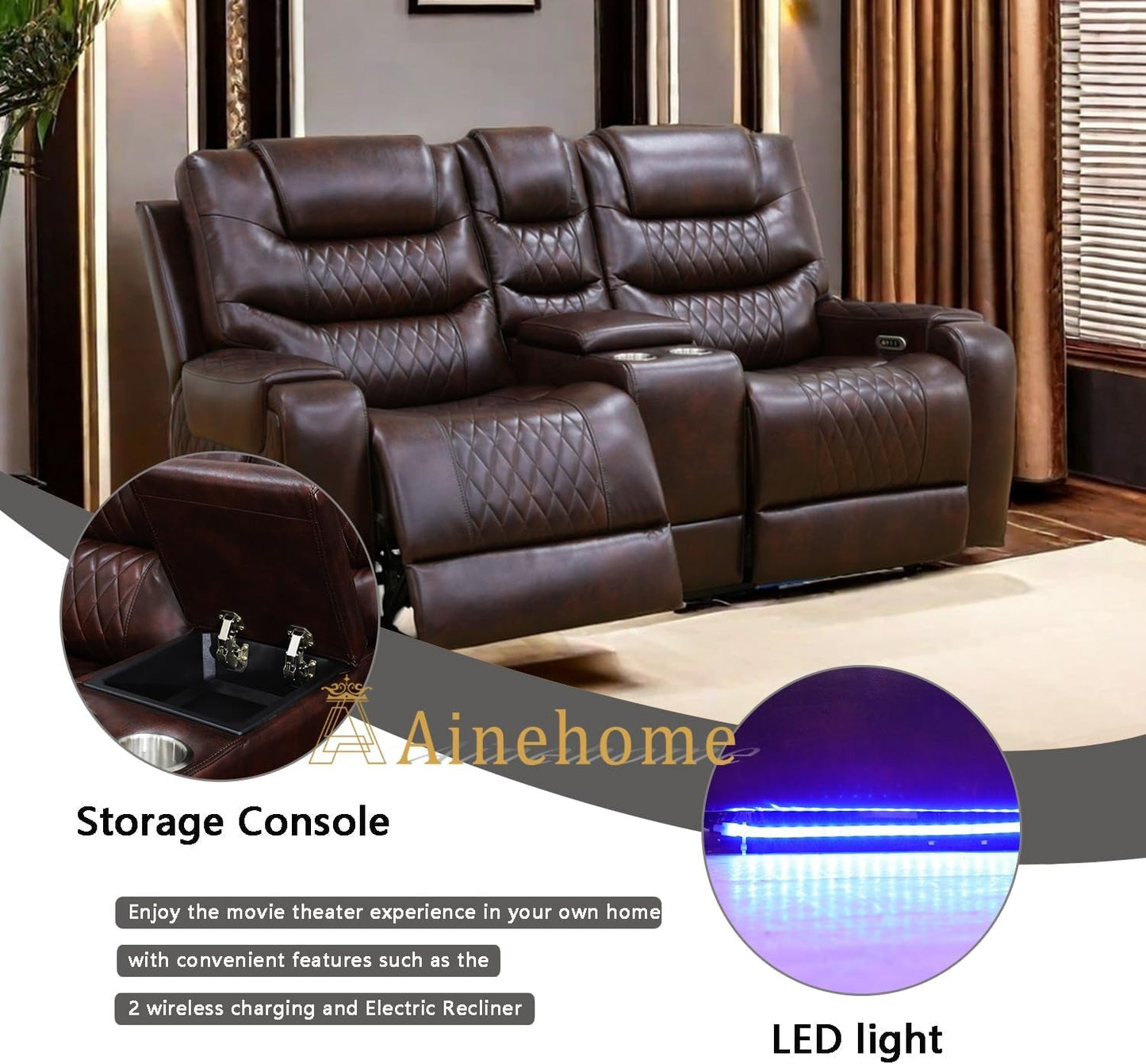 LED Power Recliner Sofa for Living Room Furniture Set, Leather Sectional Sofa Set, Reclining Sofa and Loveseat with USB Port/Storage Console/Cup Holders(Dark Brown Loveseat)-3