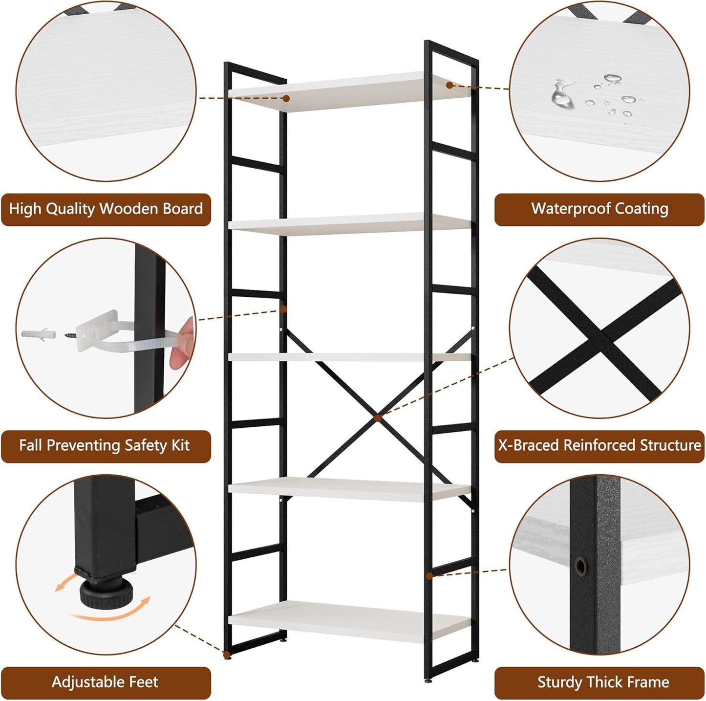 2 Pieces 5 Tiers Bookshelf, Classically Tall Bookcase Shelf, Industrial Book Rack, Modern Book Holder in Bedroom/Living Room/Home/Office, Storage Rack Shelves for Books/Movies-White-3