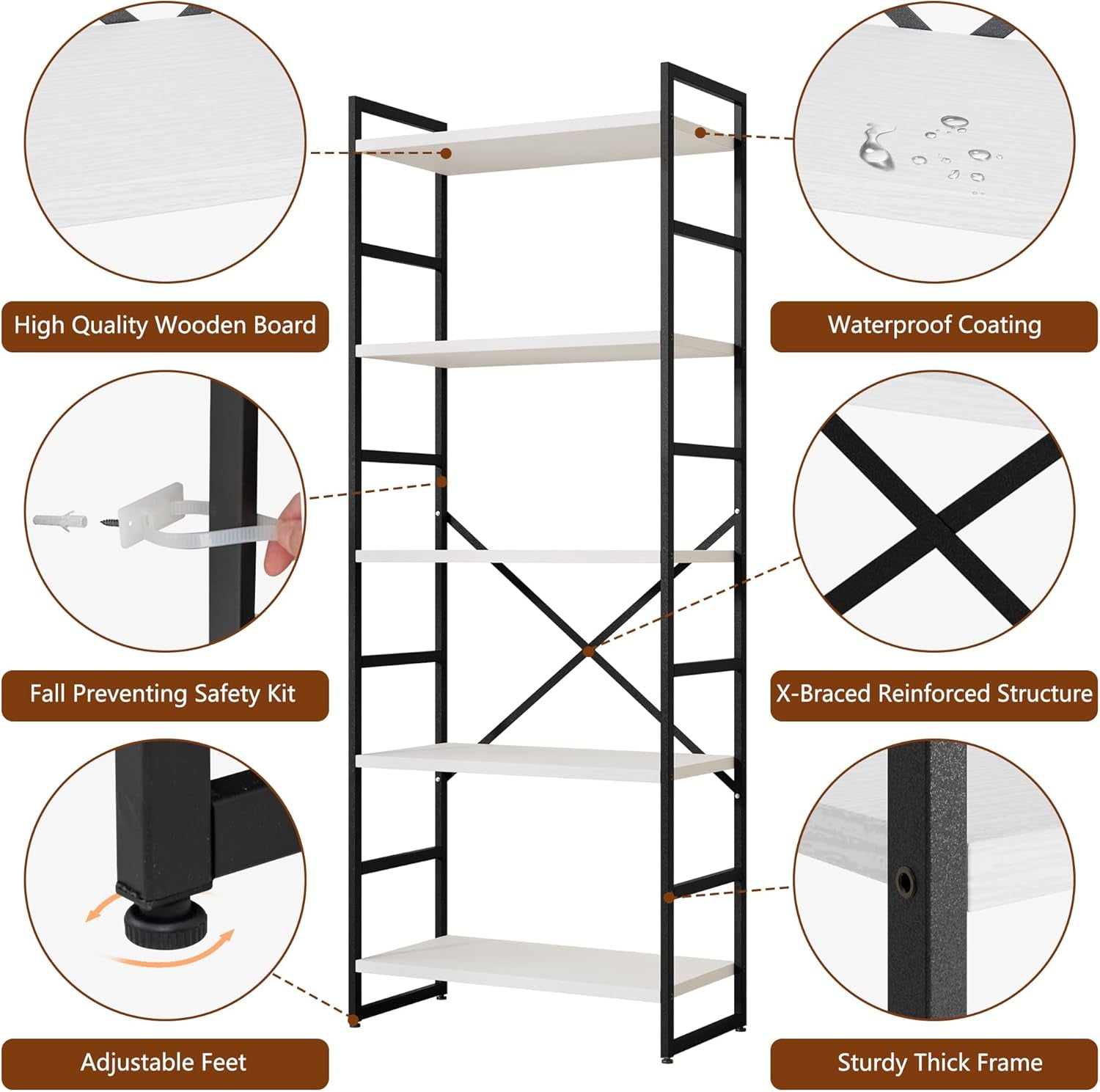 2 Pieces 5 Tiers Bookshelf, Classically Tall Bookcase Shelf, Industrial Book Rack, Modern Book Holder in Bedroom/Living Room/Home/Office, Storage Rack Shelves for Books/Movies-White-3