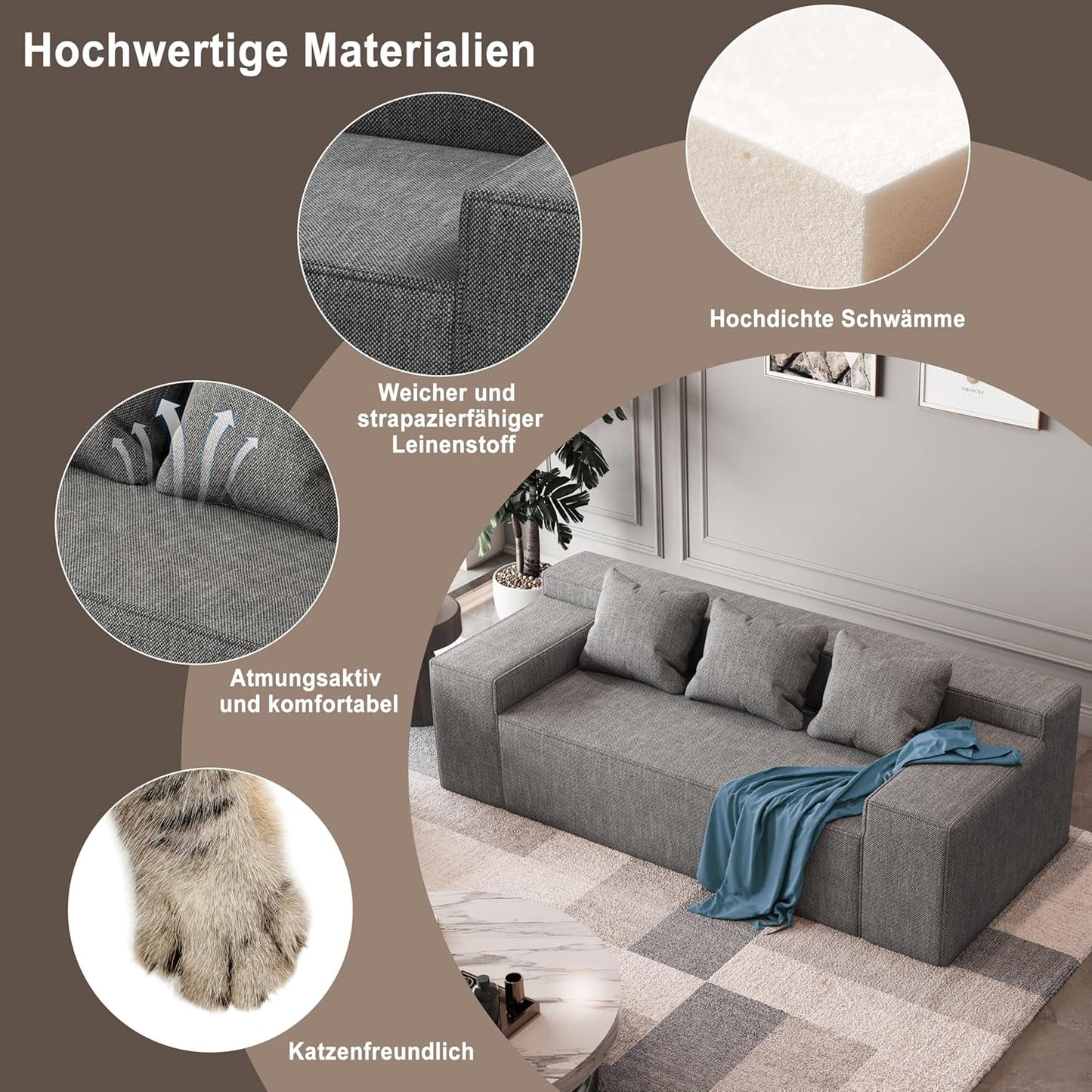 Modern 3-Seater Sofa, Hybrid Sofa in a Box, No Assembly Required, Comfy Sofa Couch with 3 Matching Pillows, Cat-Scratch Resistant Linen, Couch for Living Room or Bedroom, Grey-2