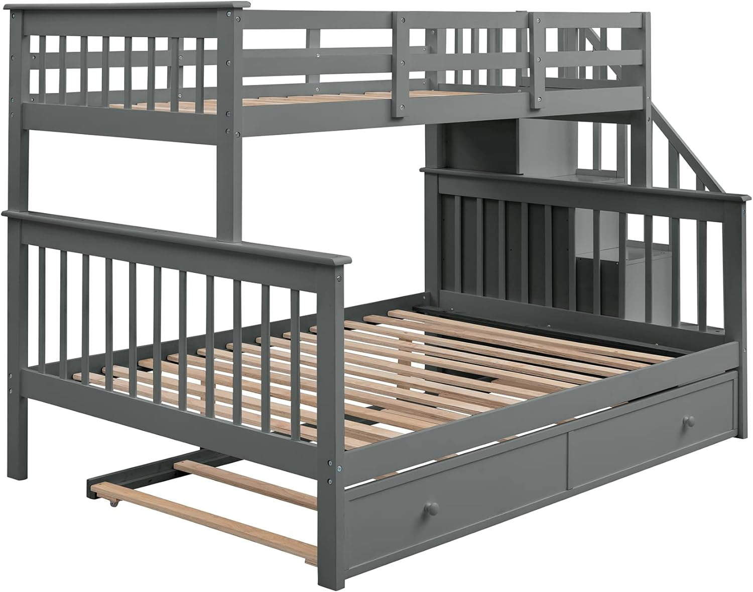 Twin over Full Bunk Bed, Wooden Bunk Bed Frame Twin over Full with Trundle and Storage Shelves, Twin over Full Size Bunk Beds with Staircases for Kids Teens Adults, Grey-3