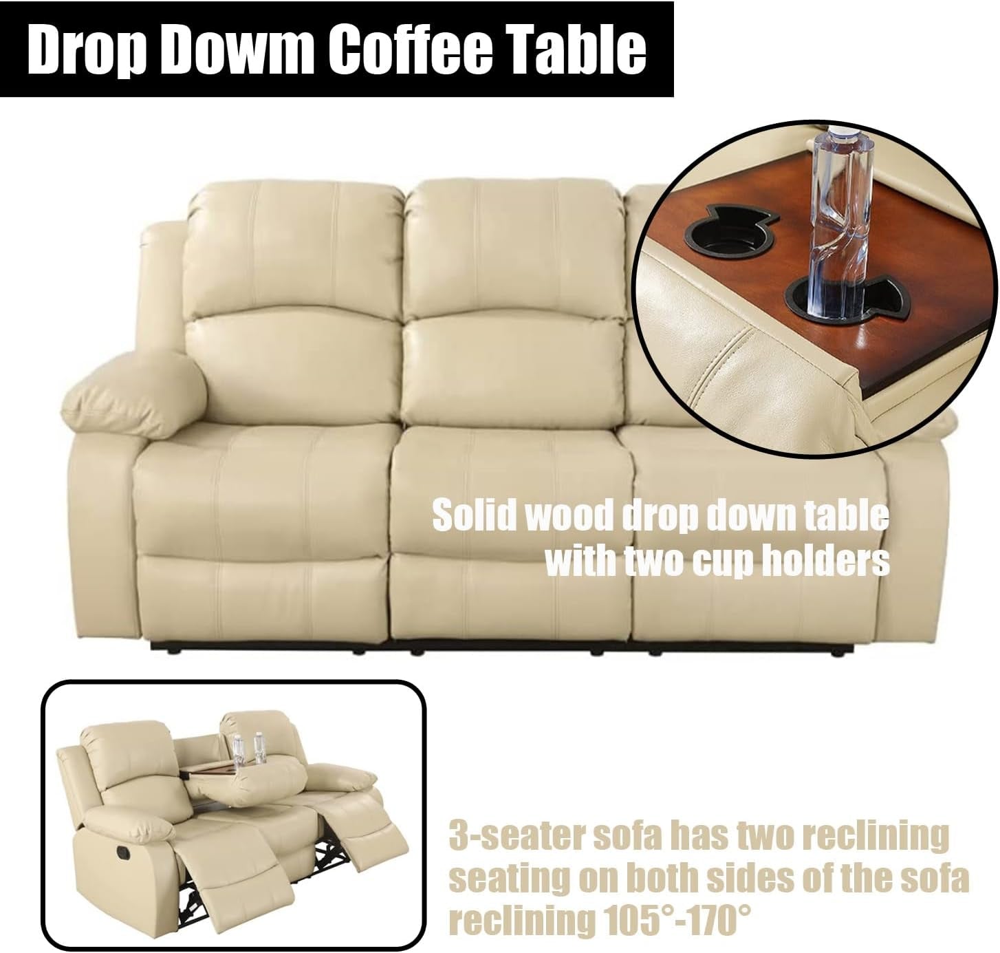 Beige Leather Reclining Sofa Set for Living Room Set,Recliner Sofa with Drop down Table/Double Recliner Loveseat with Storage Console/Recliner Chair/Faux Leather-2