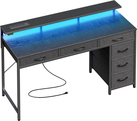 Gaming Desk with 6 Drawers, Computer Desk with LED Lights Power Outlets and Type-C, 47 Inch Office Desk with Storage, Monitor Stand, Writing Desk Work Desk Home Office, Bedroom, Study, Black-0