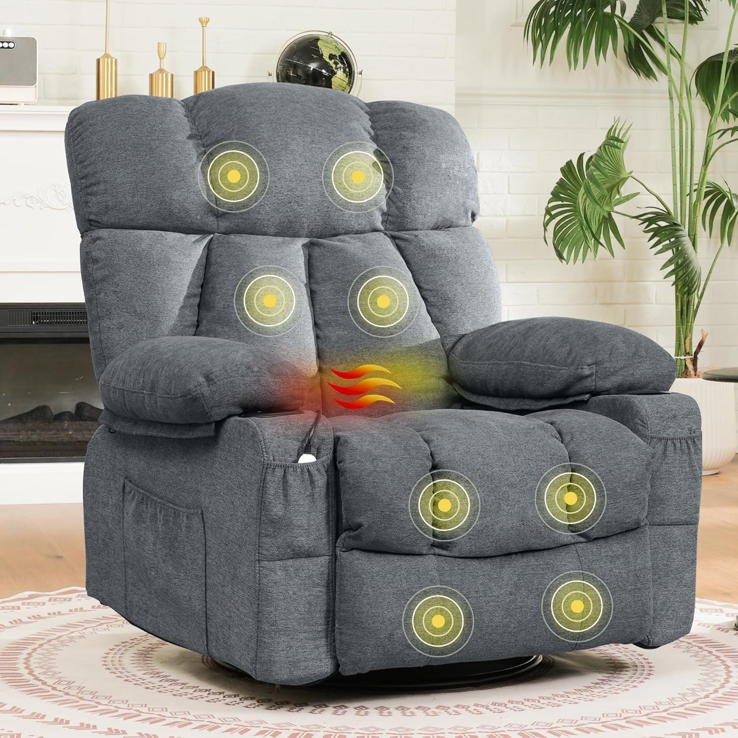 XRC3 Rocker Recliner Chair for Adults W/Massage & Heat, 360° Swivel Recliner Chair W/Cup Holders, USB Port, Manual Glider Rocking Chair for Living Room Nusery, Gray-0