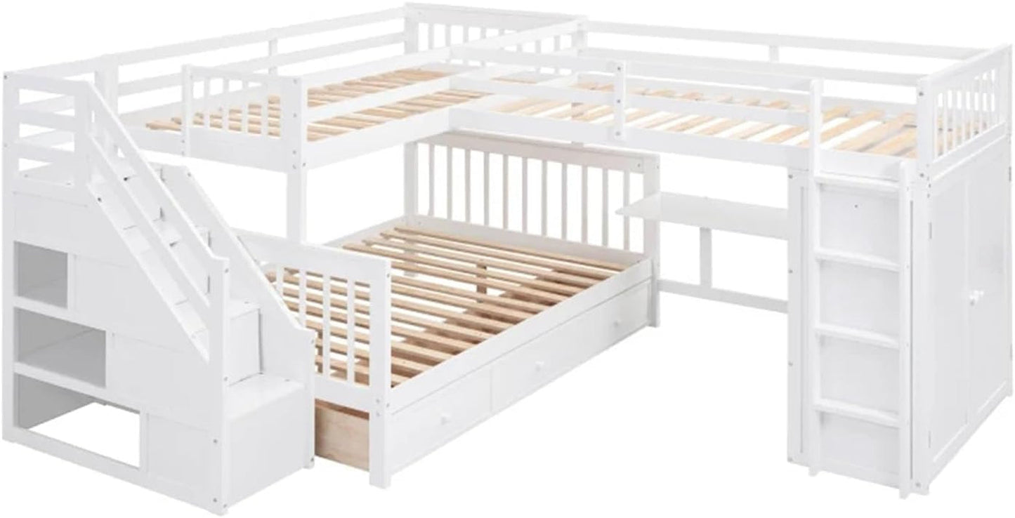 Twin-Twin over Full L-Shaped Bunk Bed with 3 Drawers,Portable Desk and Wardrobe,Practical Family Modern Style (Grey One Size)-4