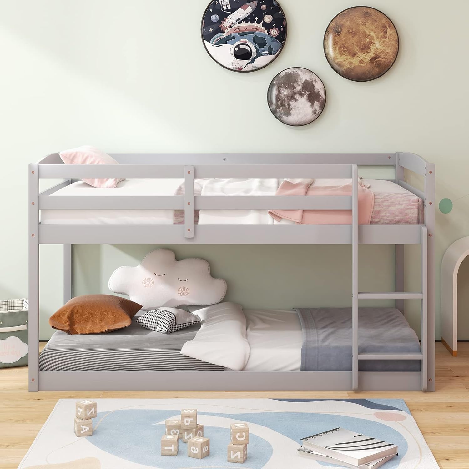 Twin Low Bunk Bed, Solid Wood Twin over Twin Bunk Bed Frame with Full Guardrails & Integrated Ladder, Floor Twin Bunk Beds for Kids Boys and Girls, No Box Spring Needed, Grey-2