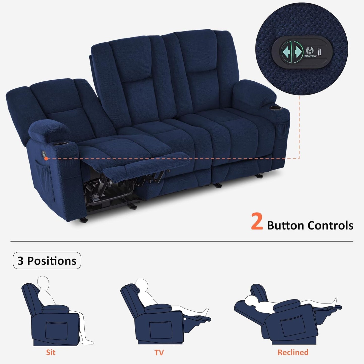 Power Reclining Sofa with Heat and Vibration,Usb Ports, Cup Holders,3-Seat Dual Recliner Sofa for Living Room 6015 (Navy Blue)-3