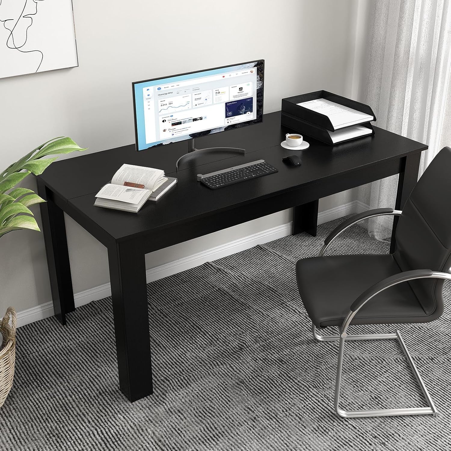 Wood Dining Table for 4-6 People, 63" Wood Rectangle Dinner Table, Modern Kitchen Table with L-Shaped Legs, 330Lbs Weight Capacity, Farmhouse Dinette Table for Dining Room, Living Room, Black-4