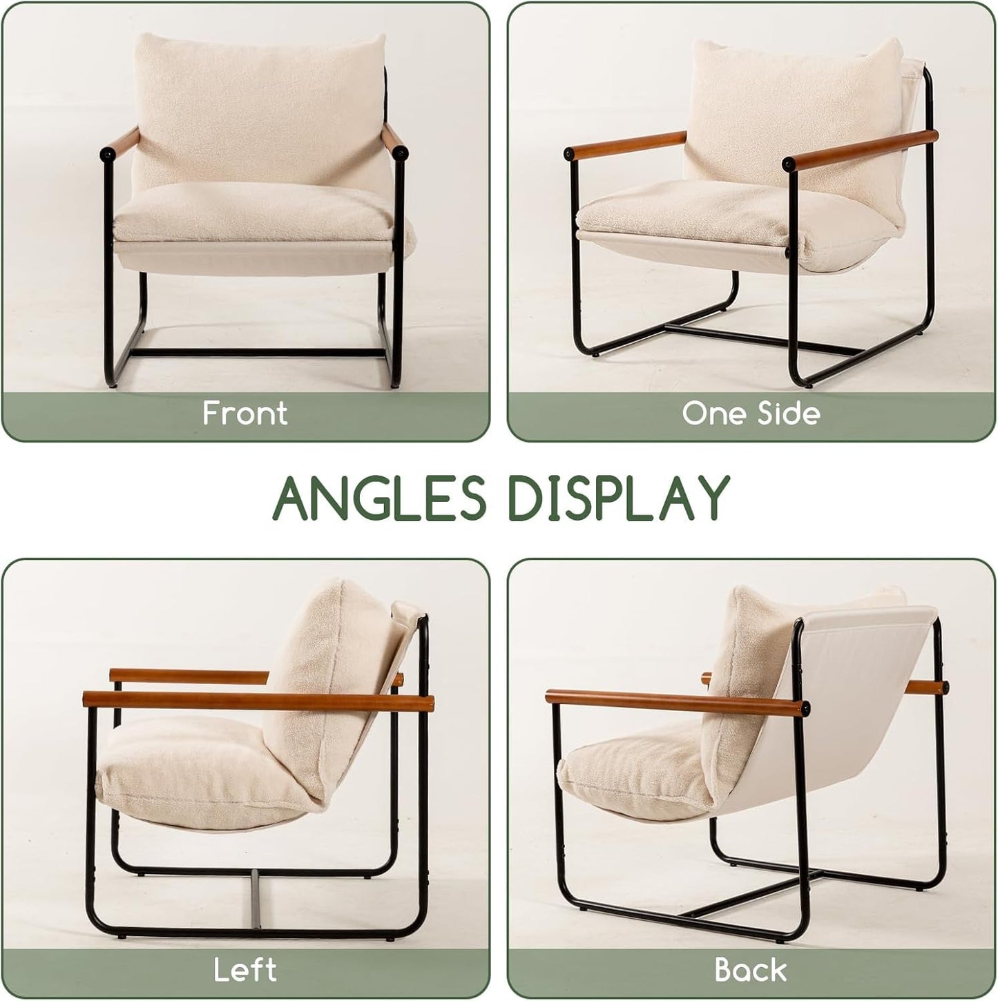 Modern Accent Chair, Living Room Chair with Wood Armrests, Shredded Foam Cushion, and Sturdy Metal Frame Reading Chair, Beige-3