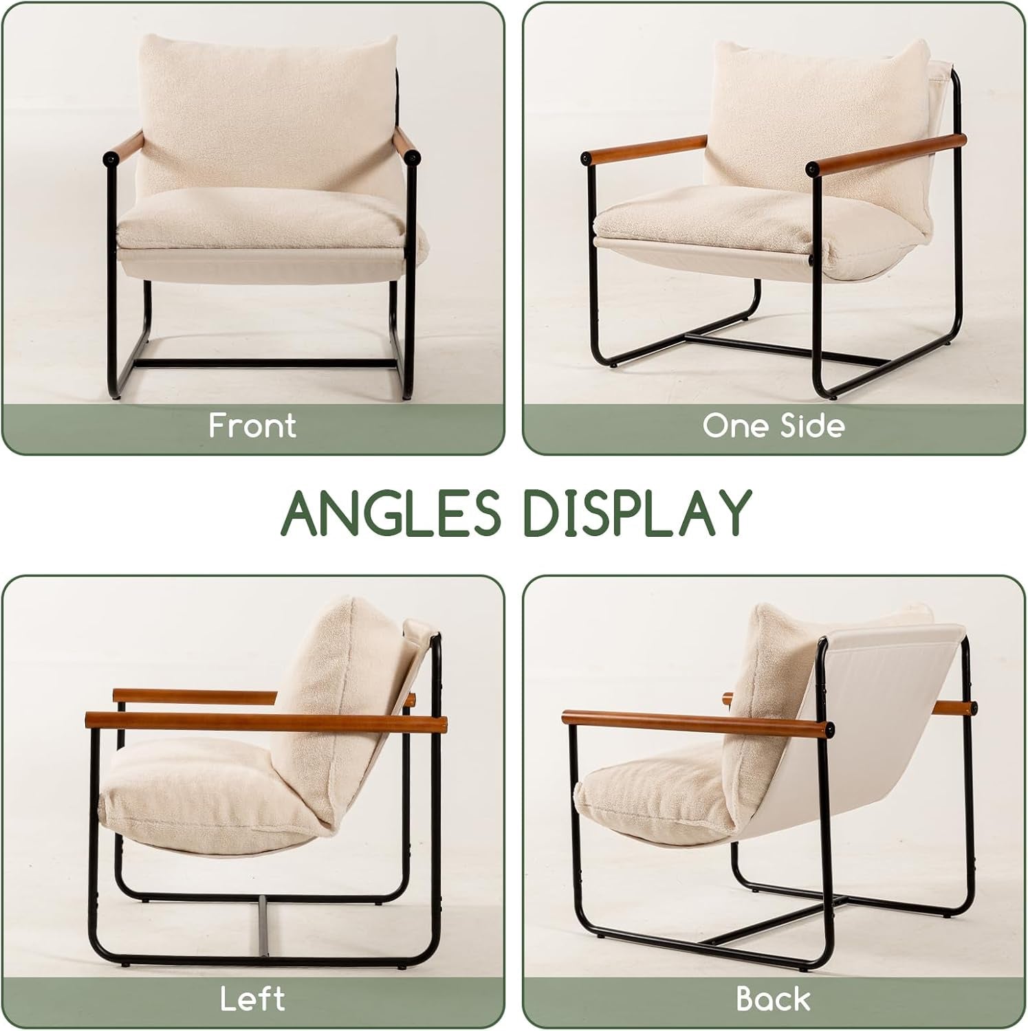 Modern Accent Chair, Living Room Chair with Wood Armrests, Shredded Foam Cushion, and Sturdy Metal Frame Reading Chair, Beige-3