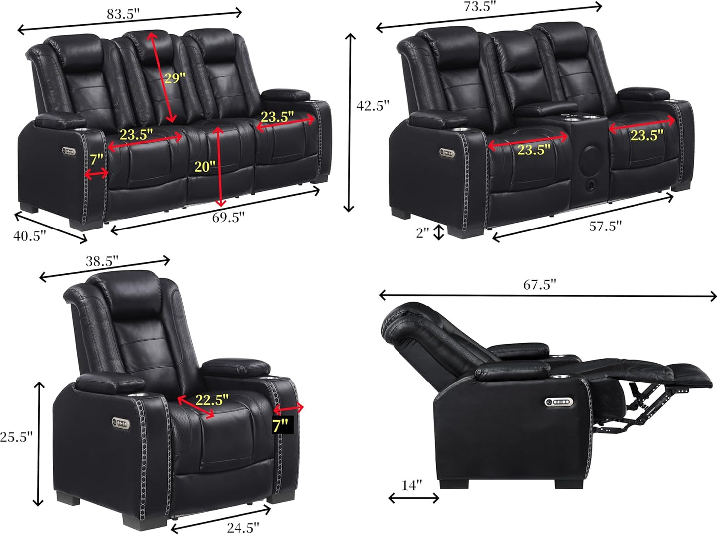 Breather Leather Power Recliner Sofa Couch Set with Adjustable Headrest and Cup Holders, Reclining Couches with Bluetooth Speaker and Wireless Charging for Living Room. Black-1