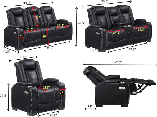 Breather Leather Power Recliner Sofa Couch Set with Adjustable Headrest and Cup Holders, Reclining Couches with Bluetooth Speaker and Wireless Charging for Living Room. Black-1