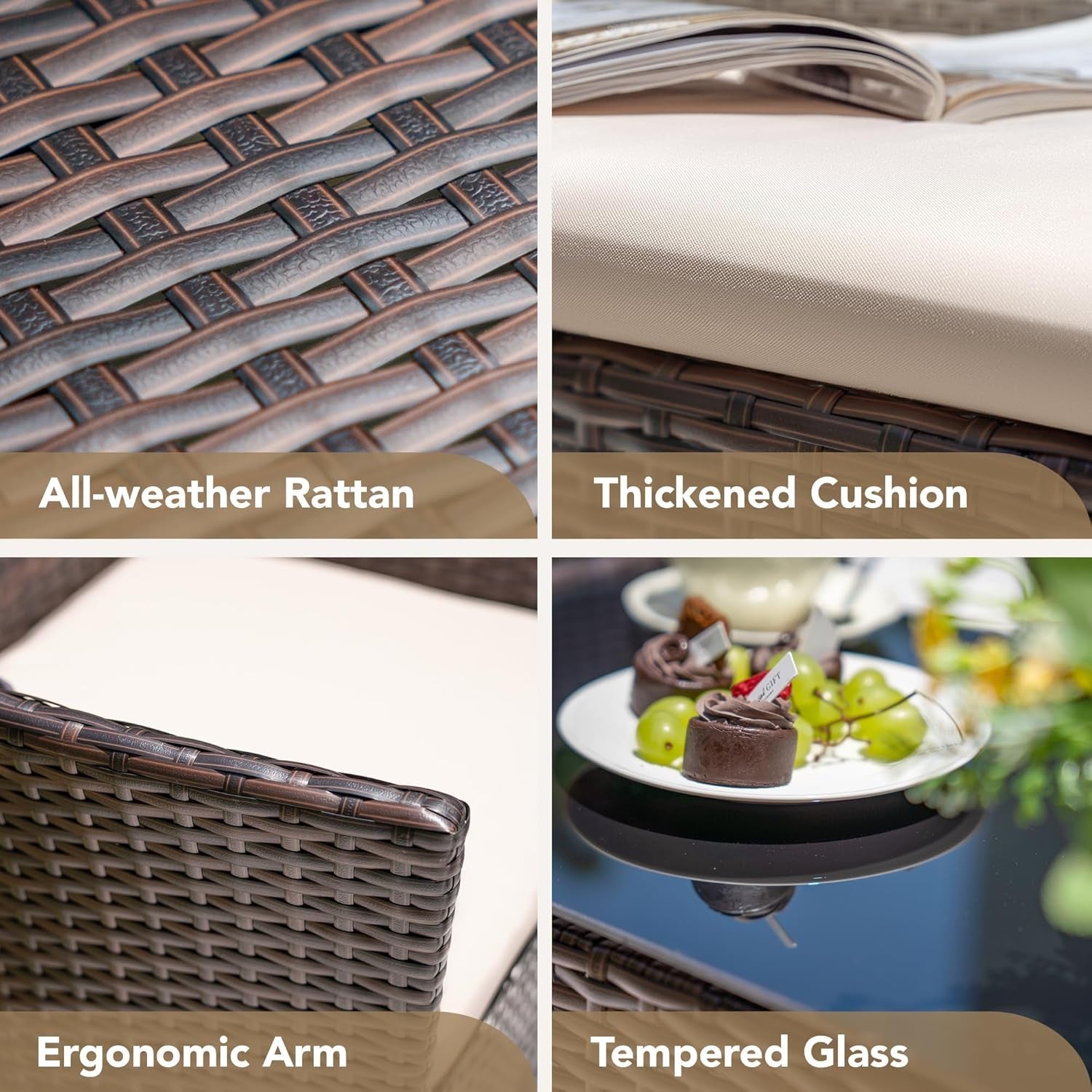 4 Pieces Outdoor Patio Furniture Set, PE Rattan Wicker Chairs Balcony Lawn Porch Patio Furniture Sets with Beige Cushion and Table (Brown)-3