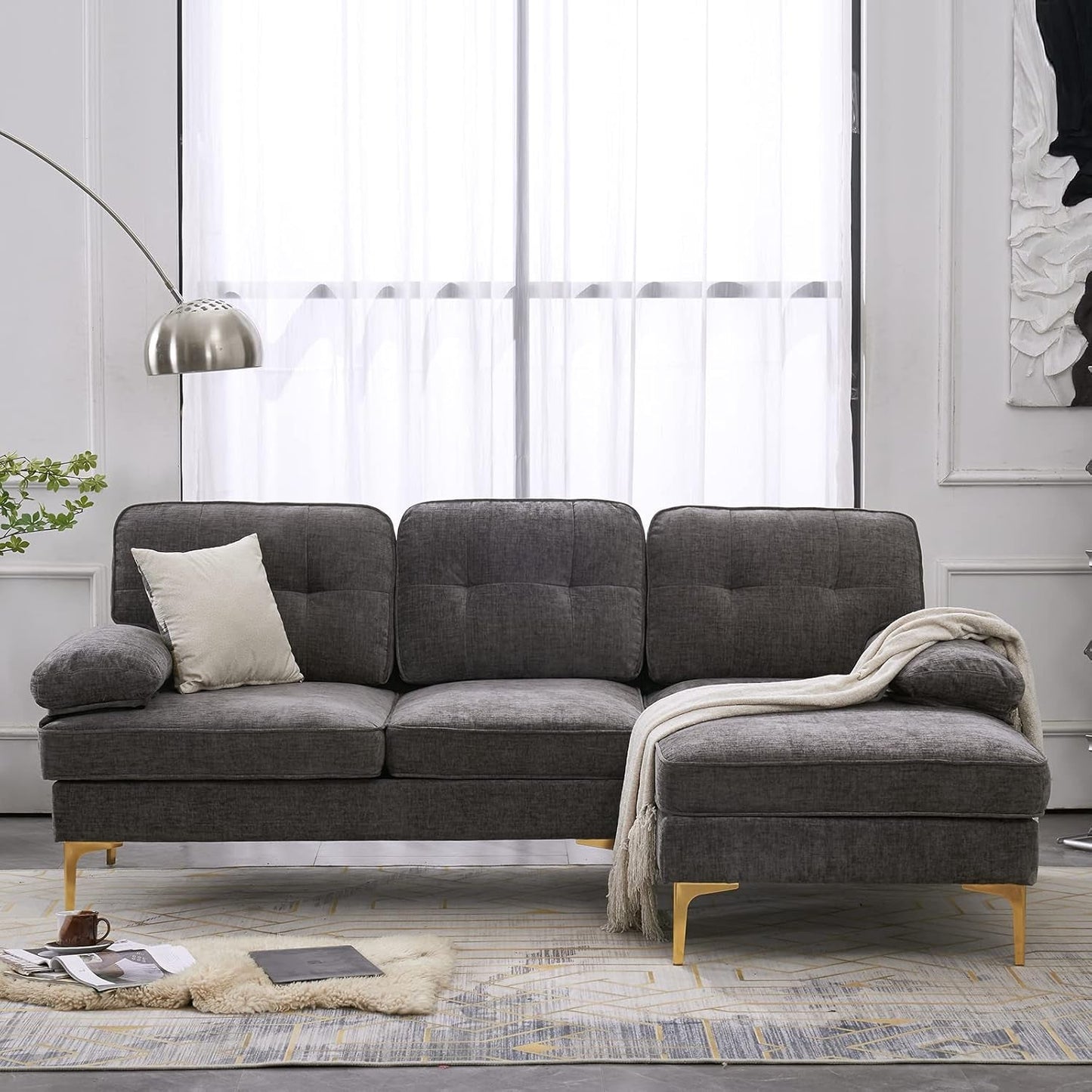 Sectional Sofa 83" L-Shape Sofa Couch 3-Seat Couch with Chaise Chenillefabric Upholstered for Living Room, Apartment, Office, Dark Gray-2
