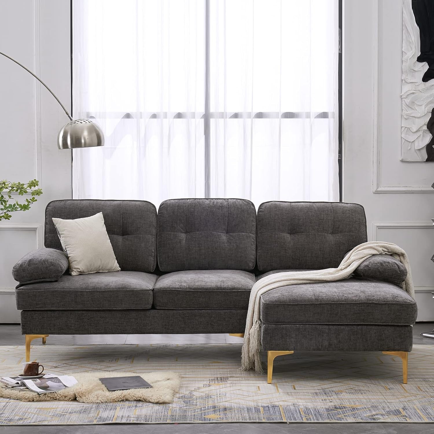 Sectional Sofa 83" L-Shape Sofa Couch 3-Seat Couch with Chaise Chenillefabric Upholstered for Living Room, Apartment, Office, Dark Gray-2
