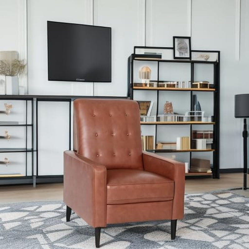 Erza Leathersoft Button Tufted Pushback Recliner, Mid-Century Modern Recliner Chair for Residential and Commercial Use, Cognac Brown-4