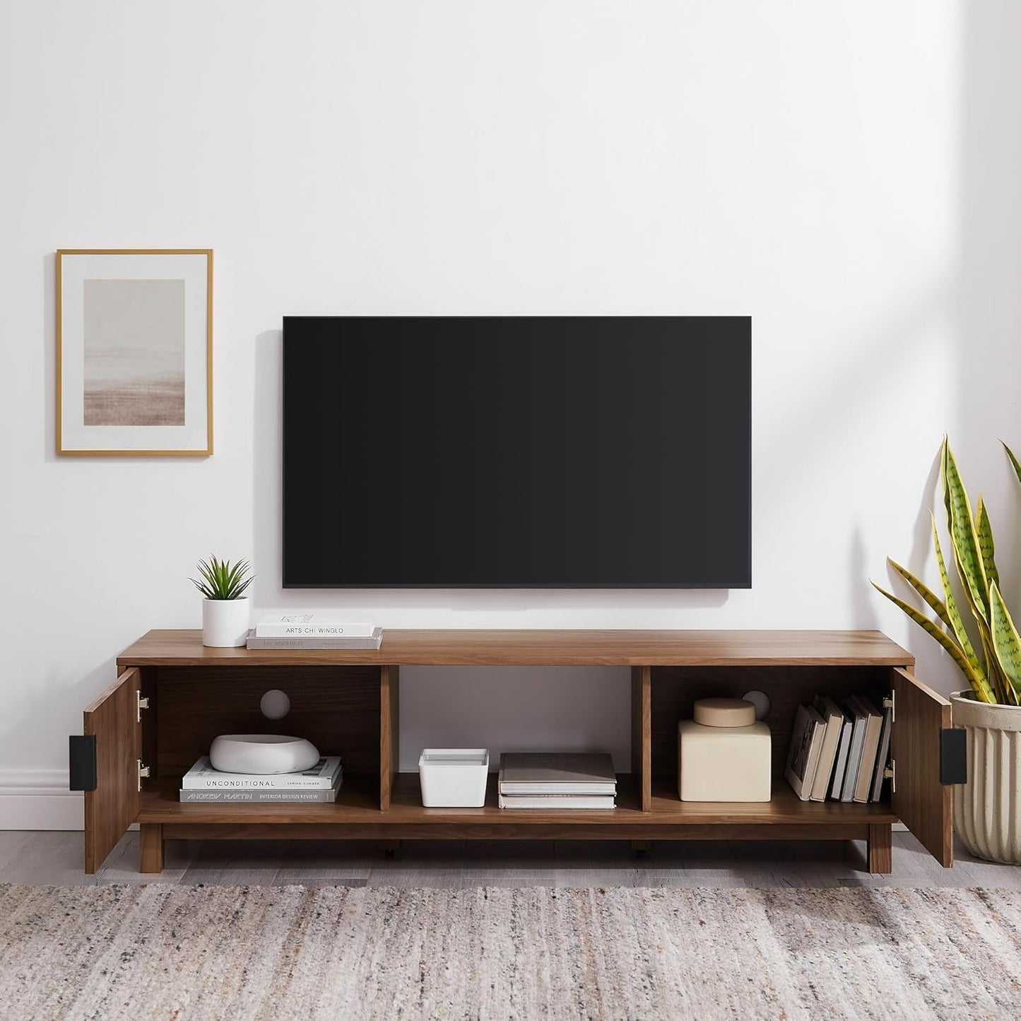 Walton Modern Fluted-Door Low TV Stand for Tvs up to 65 Inches, 58 Inch, Mocha-1