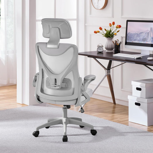 Ergonomic Mesh Office Chair, High Back Desk Chair with with Flip-Up Armrests, Adjustable Padded Headrest Computer Chair with Lumbar Support for Home Oiffce Game Room, Full Gray-1