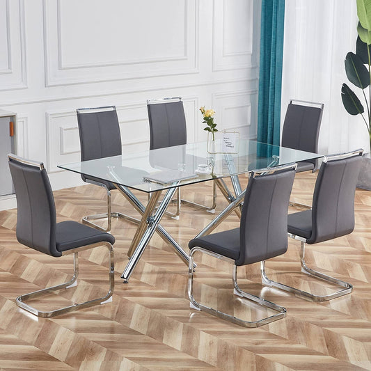 Grey Faux Leather Padded High Back Dining Chairs Set of 4-0