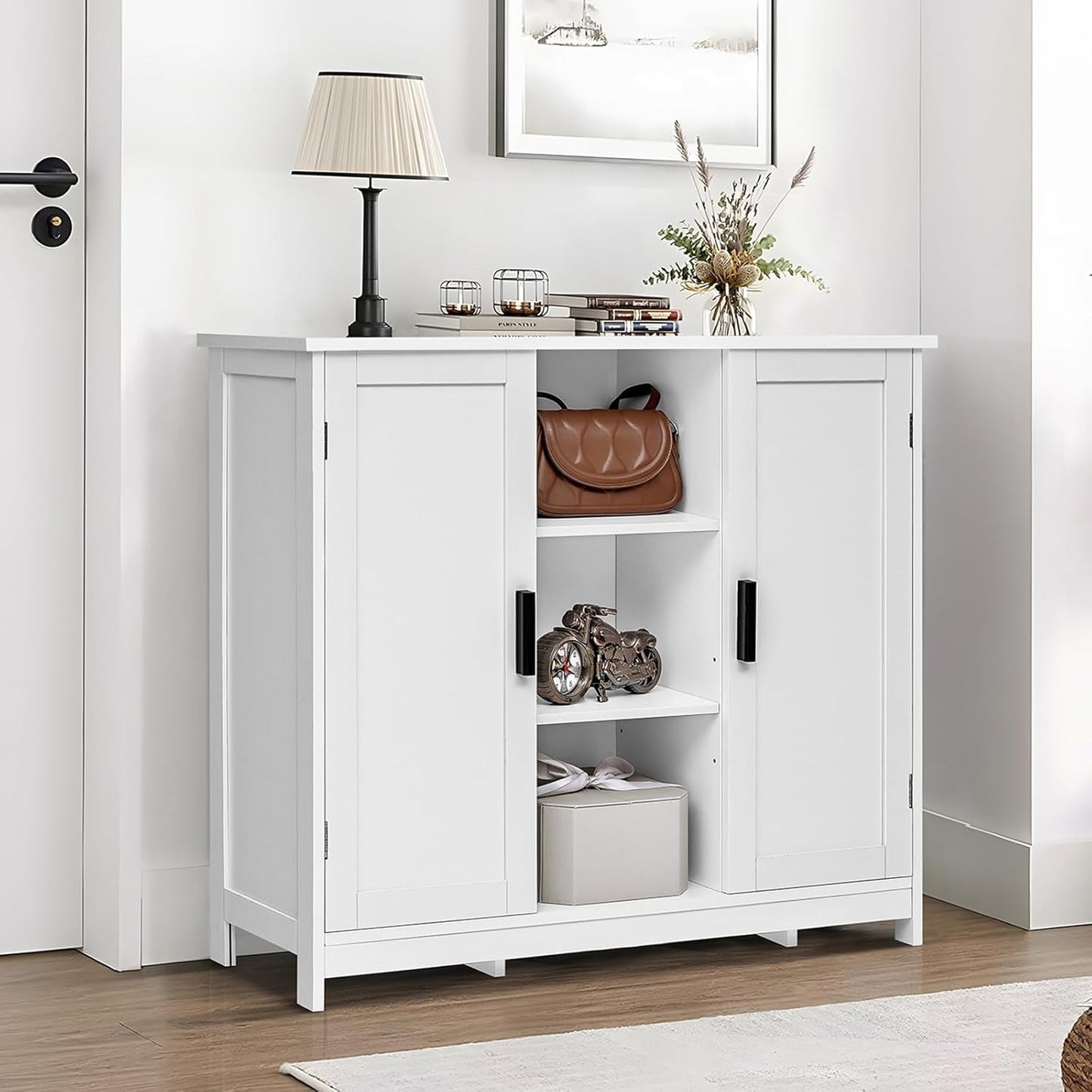 Storage Cabinet with 2 Doors and 4 Storage Shelves, Credenza Buffet Cabinet, Bathroom Cabinet for Living Room, Entryway, Home Office, White-1