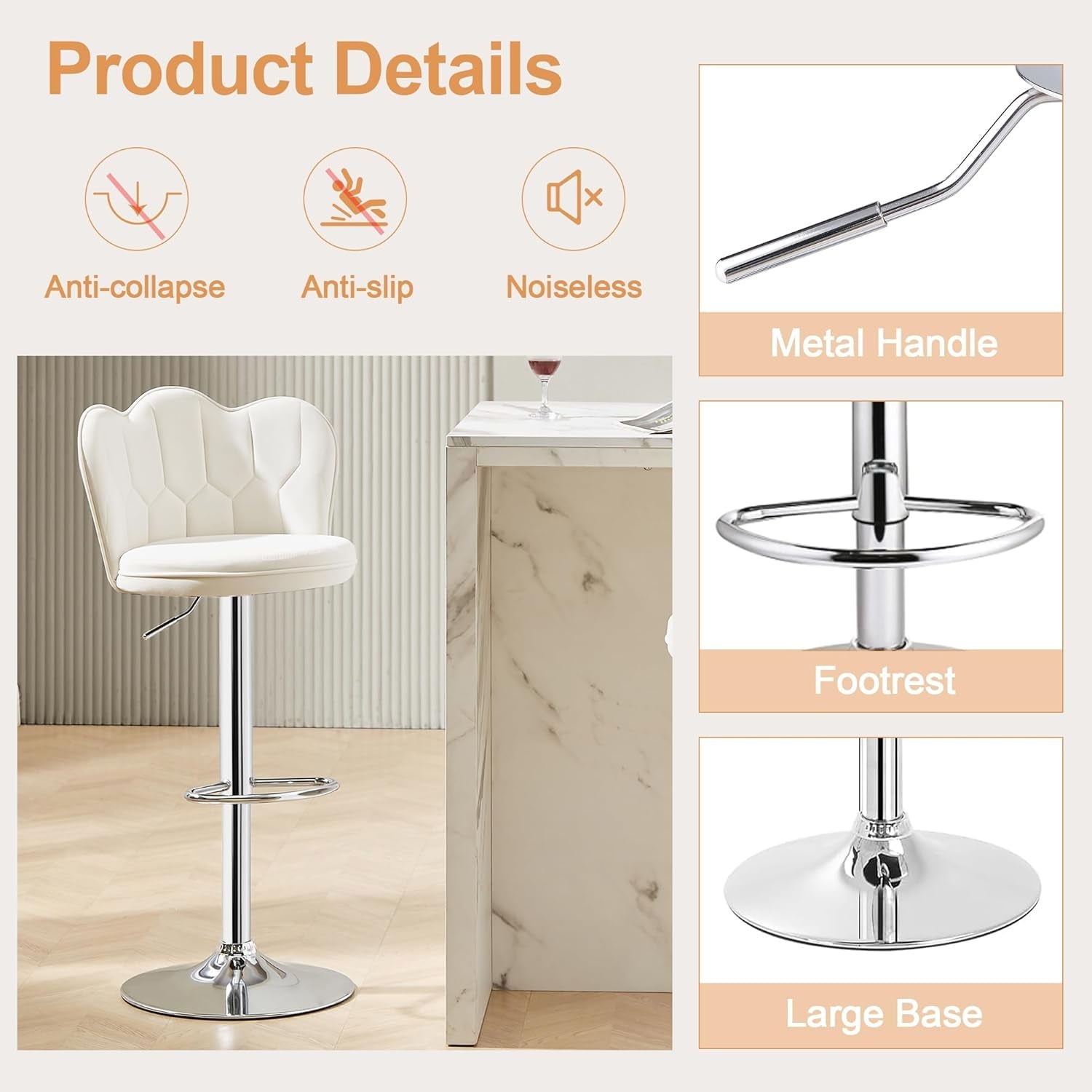 Bar Stools Set of 4, Adjustable Barstools with Back, Velvet Armless Counter Height Stool Kitchen Island Stool Swivel Bar Stools, White-4