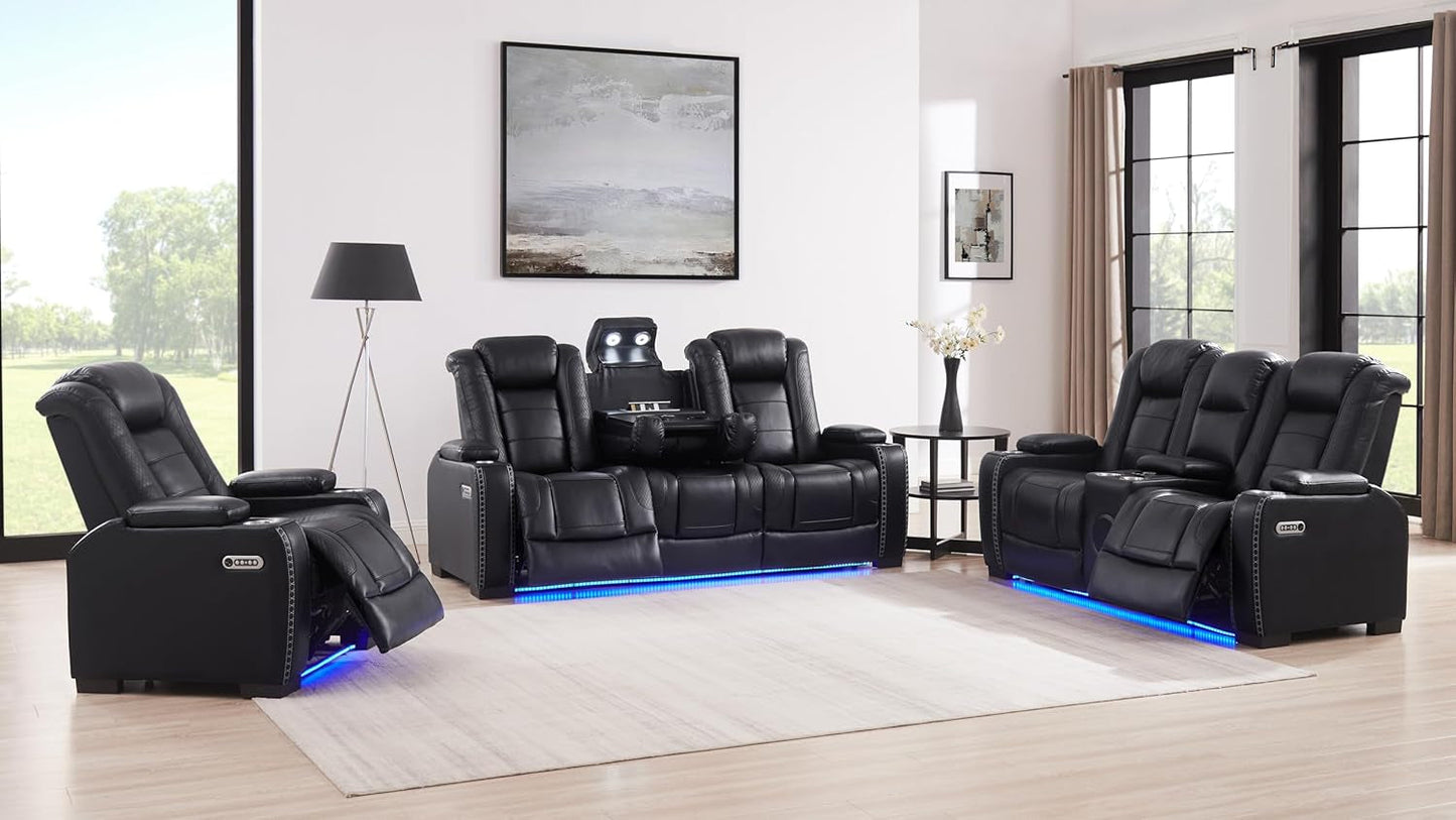 Breather Leather Power Recliner Sofa Couch Set with Adjustable Headrest and Cup Holders, Reclining Couches with Bluetooth Speaker and Wireless Charging for Living Room. Black-0