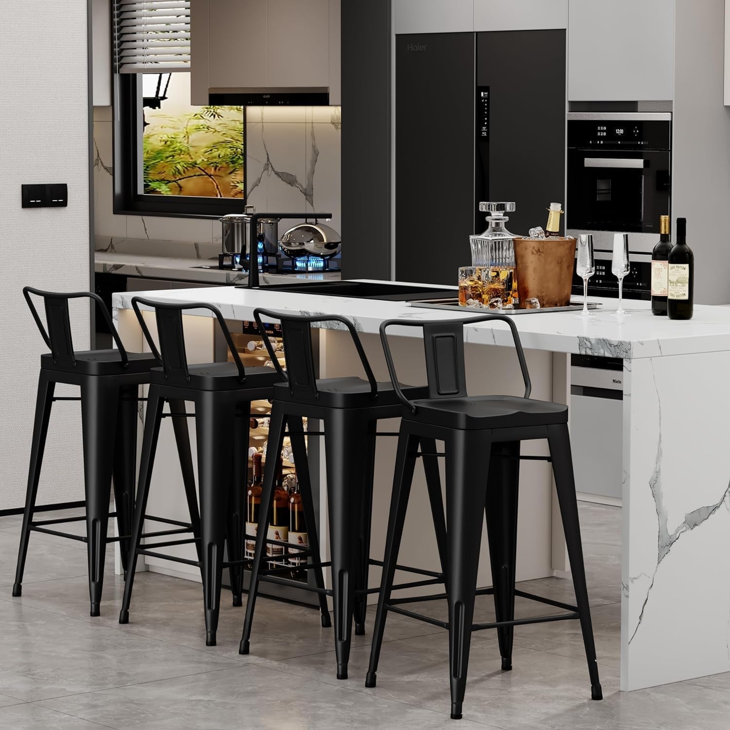 26" Metal Bar Stools Set of 4 Counter Height Barstools Industrial Counter Stool Kitchen Bar Chairs Indoor Outdoor-Low Back, Black-4