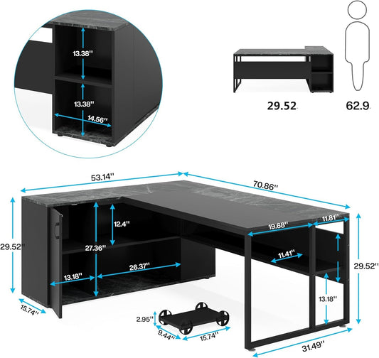 71 Inch Executive Desk, L Shaped Desk with Cabinet Storage, Executive Office Desk with Shelves, Business Furniture Desk Workstation for Home Office, Black-1