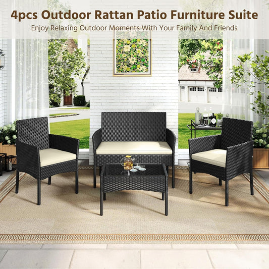 Patio Furniture Set 4 Pieces Conversation Sets, Rattan Chair Wicker Set Loveseat with Soft Cushion and Glass Table for Backyard Porch Garden Poolside Balcony, Black and Beige-1