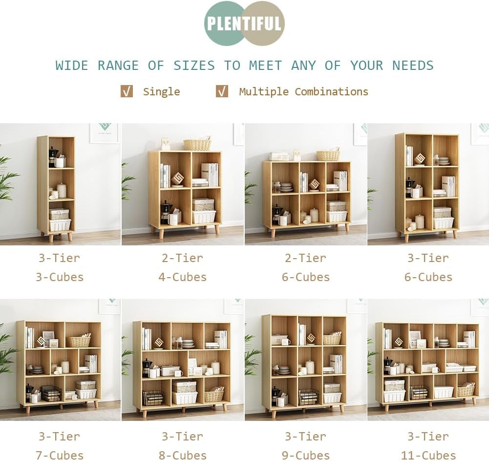 Open Cube Low Bookcase - 3-Tier Freestanding Storage Display Cabinet Organizer with Legs for Home Office, 11-Cubes Open Shelf Short Bookshelf, Oak-3