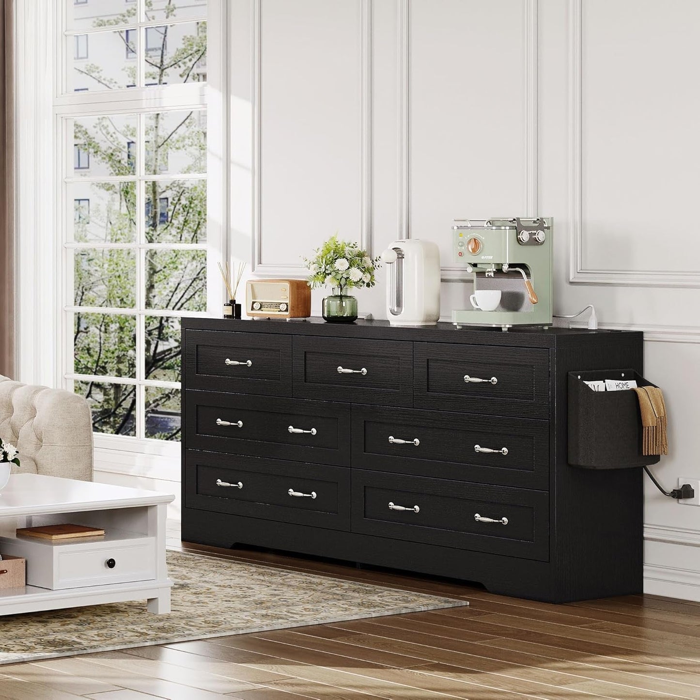 Farmhouse 7 Drawer Dresser for Bedroom, Large Modern Dresser TV Stand with Large Drawers & Bar Handles, Storage Dressers with Power Outlets, Rustic Wood Chest of Drawers, Black-3