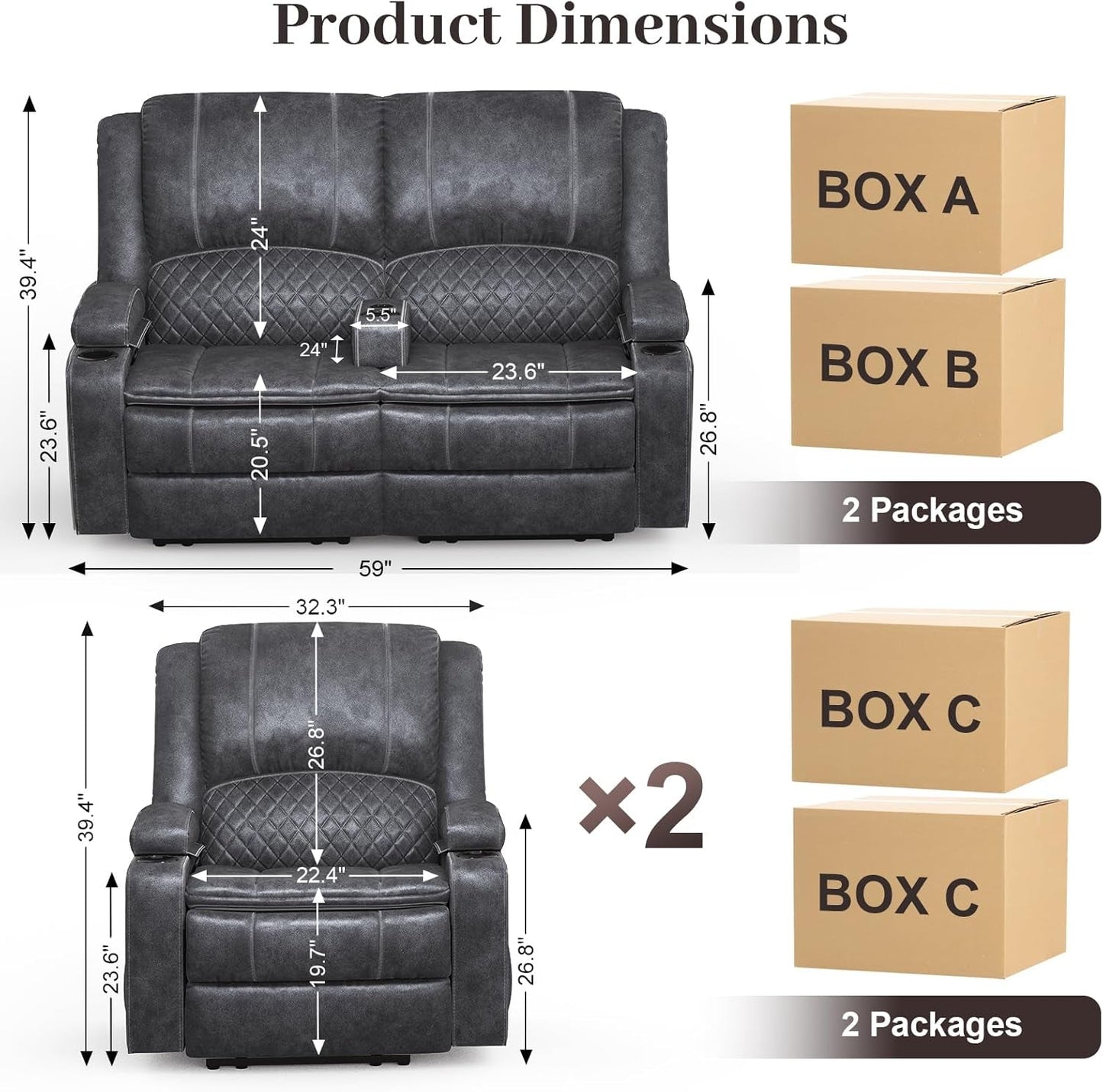 Grey Leather Reclining Loveseat Sofa Set Console, 2 Chairs-1