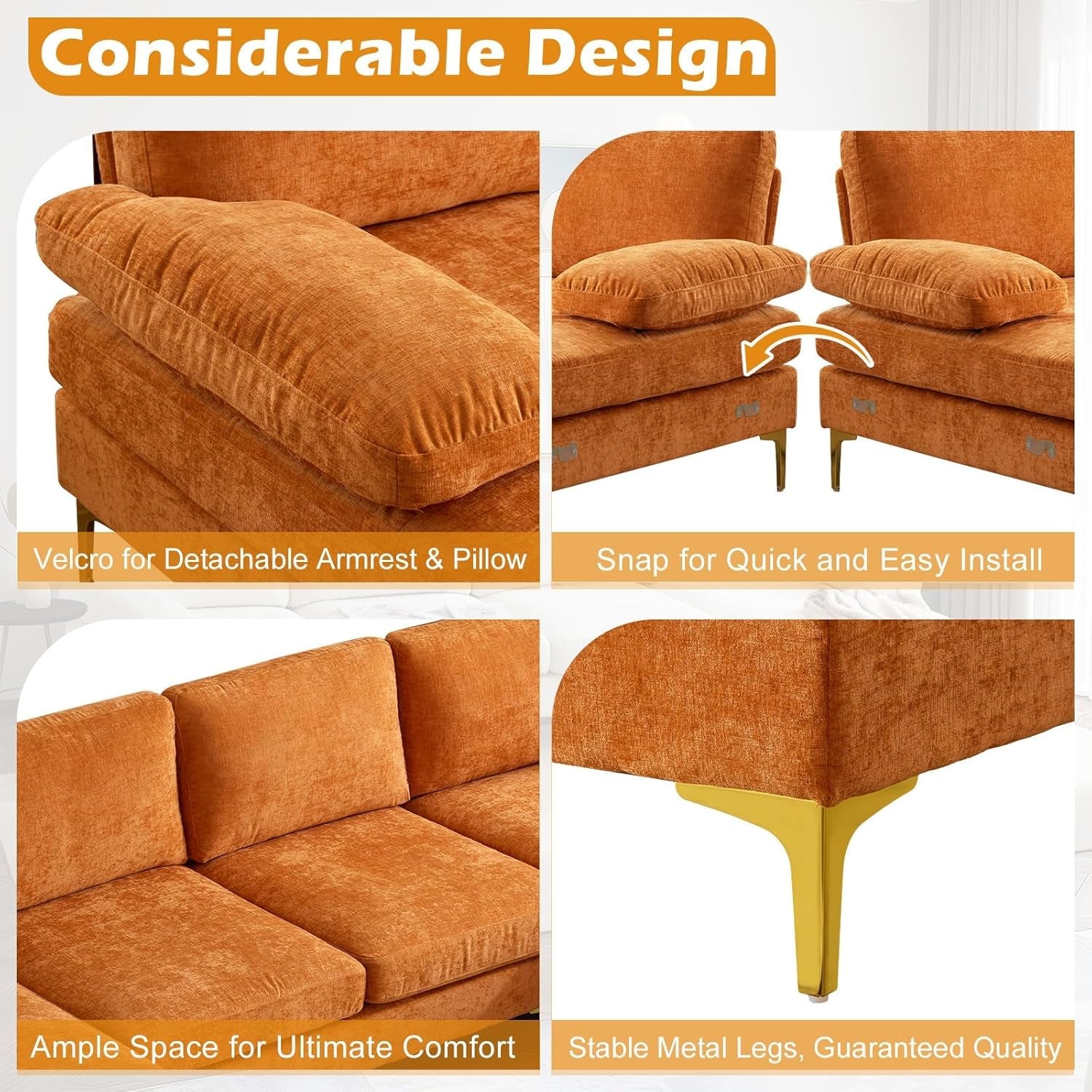 110" Sectional Couches for Living Room,U Shape Couch with Double Chaise, 4-Seat Sofa Set with Chenille Fabric for Home Furniture,Burnt Orange-3