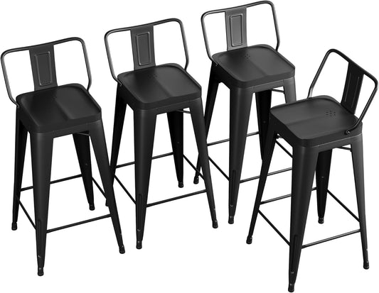 26" Metal Bar Stools Set of 4 Counter Height Barstools Industrial Counter Stool Kitchen Bar Chairs Indoor Outdoor-Low Back, Black-0