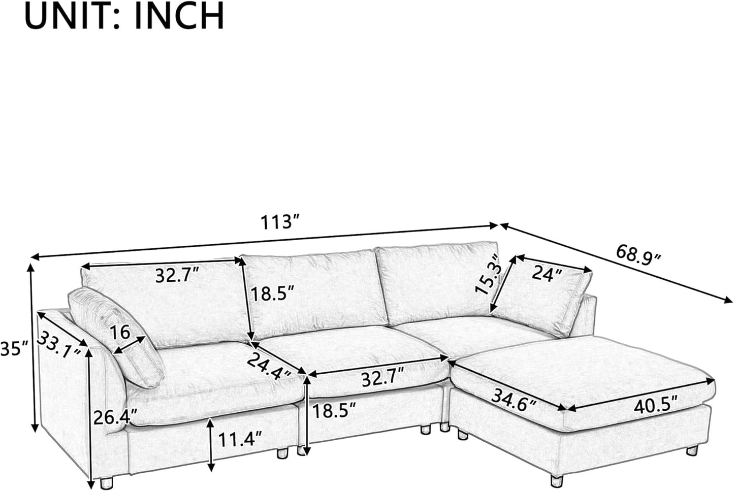 Deep Seat Convertible Sectional Sofa with Movable Ottoman, Comfy Polyester Blend Upholstery Corner Couch with Throw Pillows, 3-Seater L Shaped Sofa&Couches for Living Room Furniture Set-1