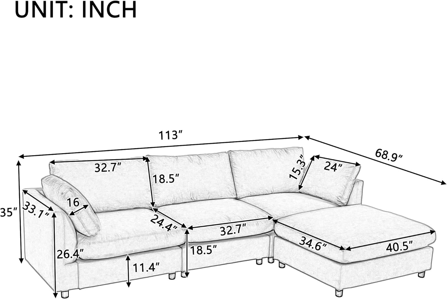 Deep Seat Convertible Sectional Sofa with Movable Ottoman, Comfy Polyester Blend Upholstery Corner Couch with Throw Pillows, 3-Seater L Shaped Sofa&Couches for Living Room Furniture Set-1