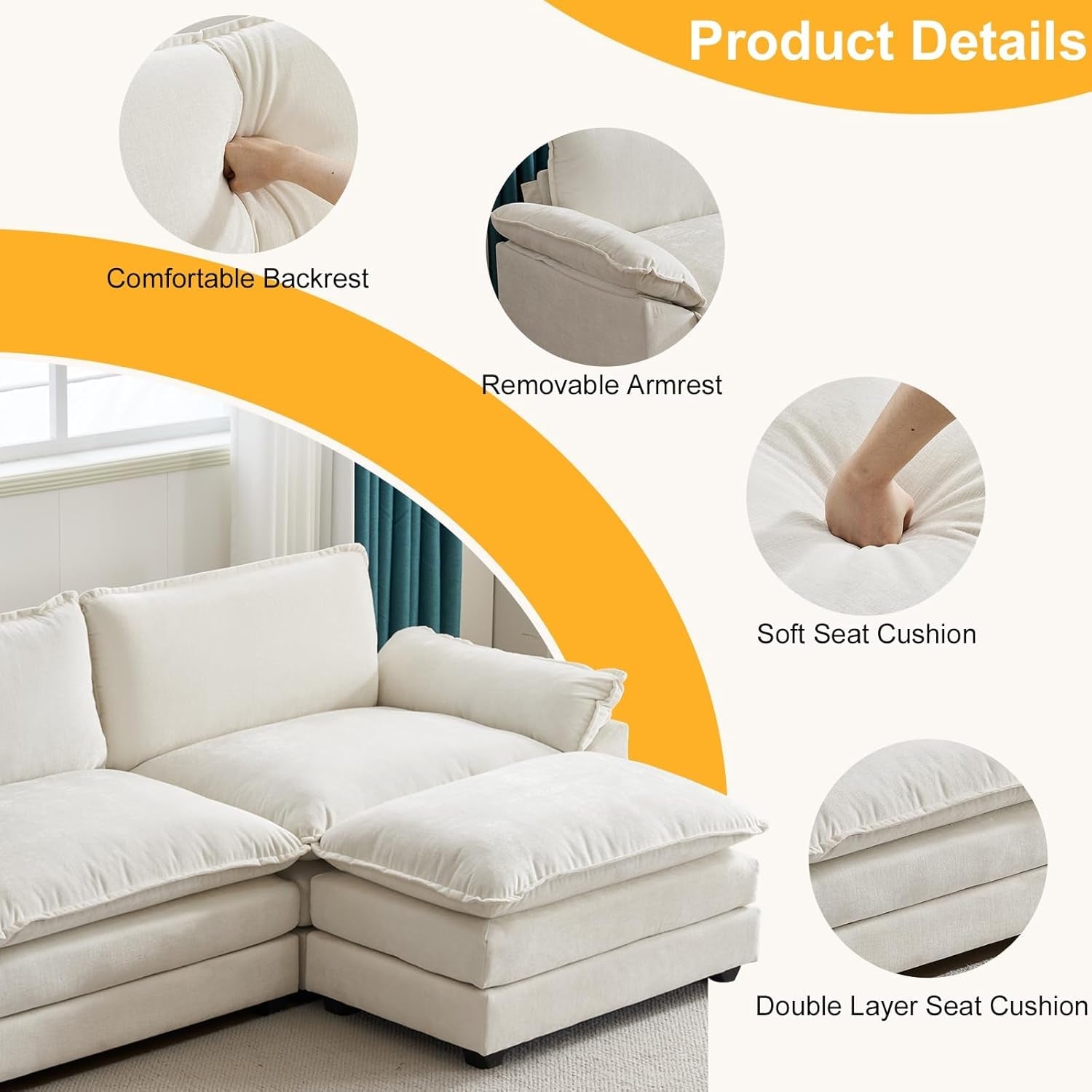 Sectional Sofa Modular Deep Seat Sofa Couch with Ottoman, Chenille Sofa Sleeper Comfy Upholstered Furniture for Living Room, Apartment, Studio, Office, (3-Seat & 1-Ottoman, Beige)-2