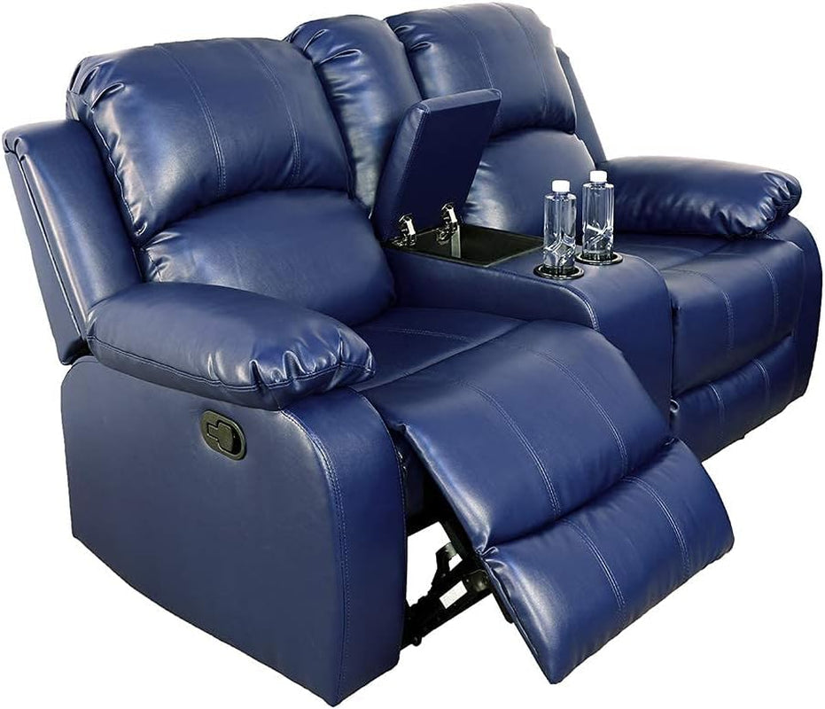 Faux Leather Recliner Sofa Set, Reclining Living Room Set, Manual Reclining Sofa and Loveseat with Recliner Chair (Blue, Sofa+Loveseat)-2