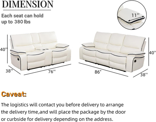 Leather Recliner Sofa Set,Leather Living Room Furniture Set with Storage Console/Cup Holders,Reclining Sofa Set for House/Home Theater(Sofa&Loveseat 2 Pieces，White)-1