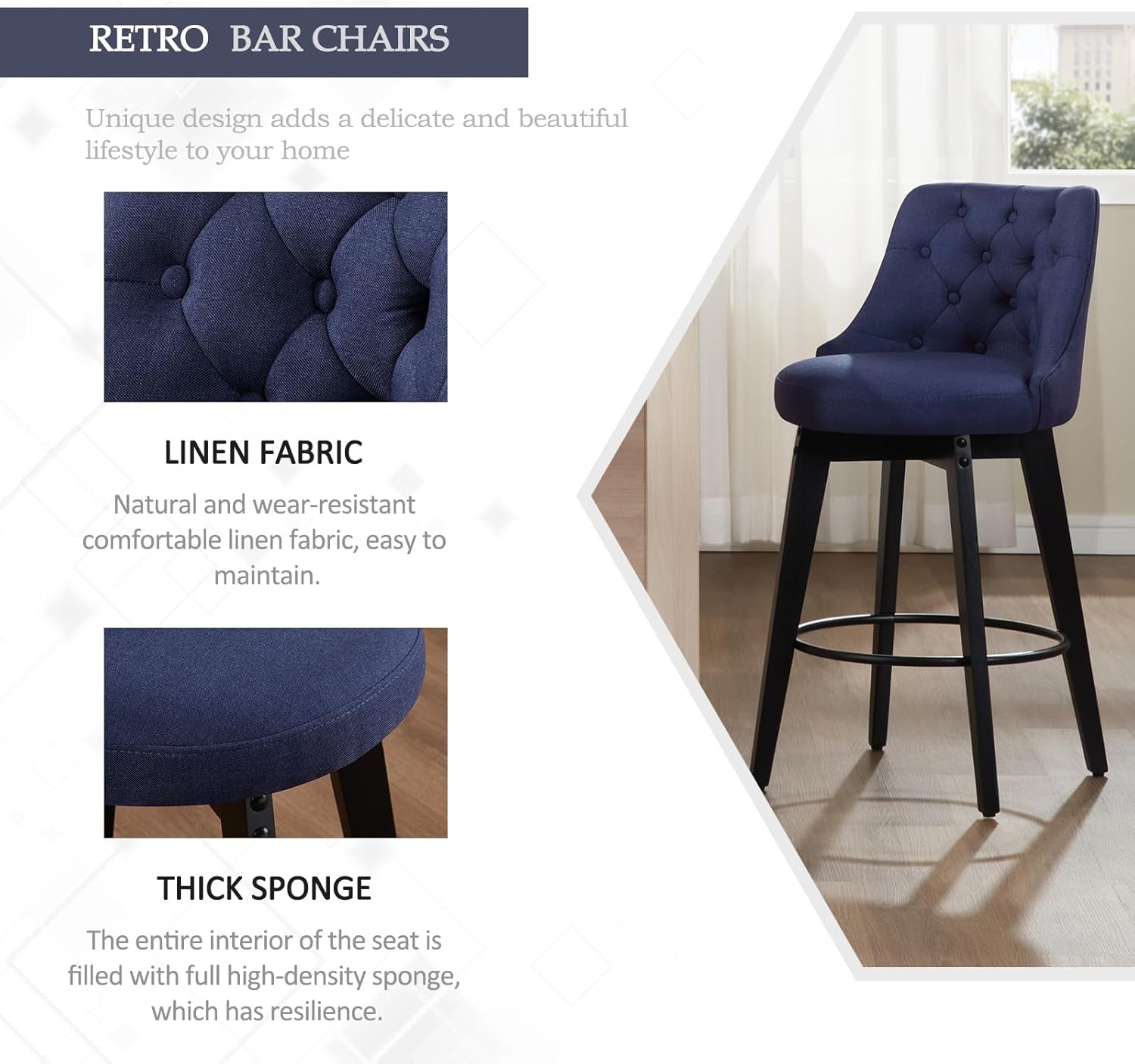 Swivel Bar Stools Set of 4, Linen Counter Height Bar Stools with Back, Wooden Bar Stools for Kitchen Island, Upholstered Bar Stools (Navy Blue)-2