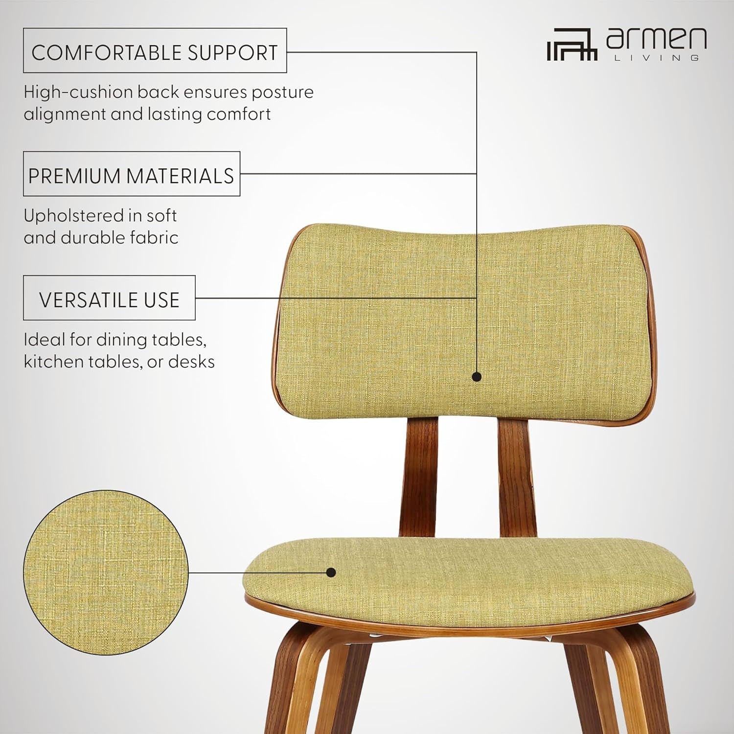 Jaguar Mid Century Modern Dining Accent Chair for Kitchen Table Desk Vanity in Green Fabric and Walnut Wood Finish-3