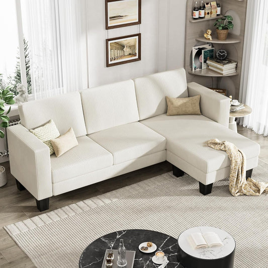 L-Shaped Convertible Sectional Sofa 3 Seater with Corduroy Fabric, Complete with Mobile Footrest, for Living Room, Apartment and Office, 70", Beige-0