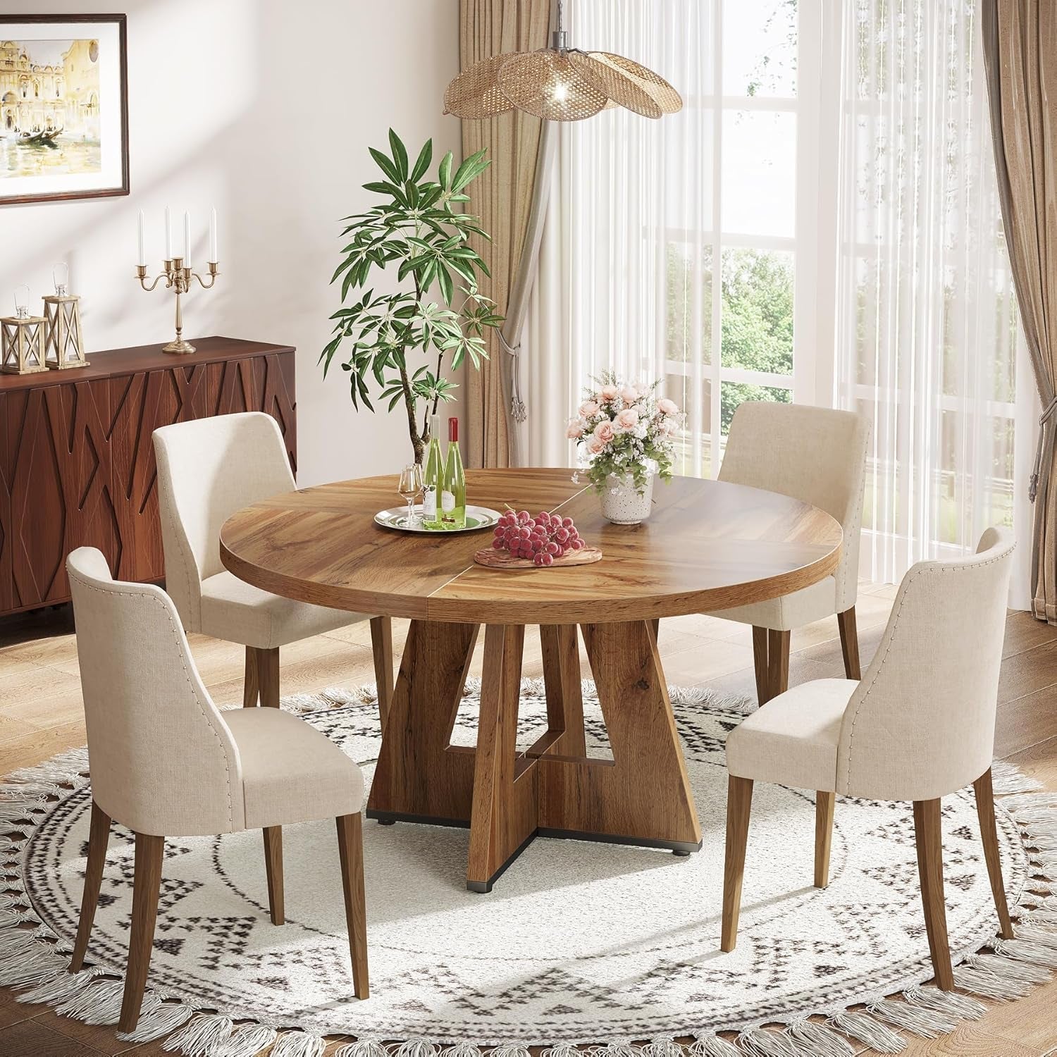 Farmhouse Dining Table, 47 Inch round Dinner Table for 4, Rustic round Dining Room Table for Home Dining Room Living Room (Wood)-3