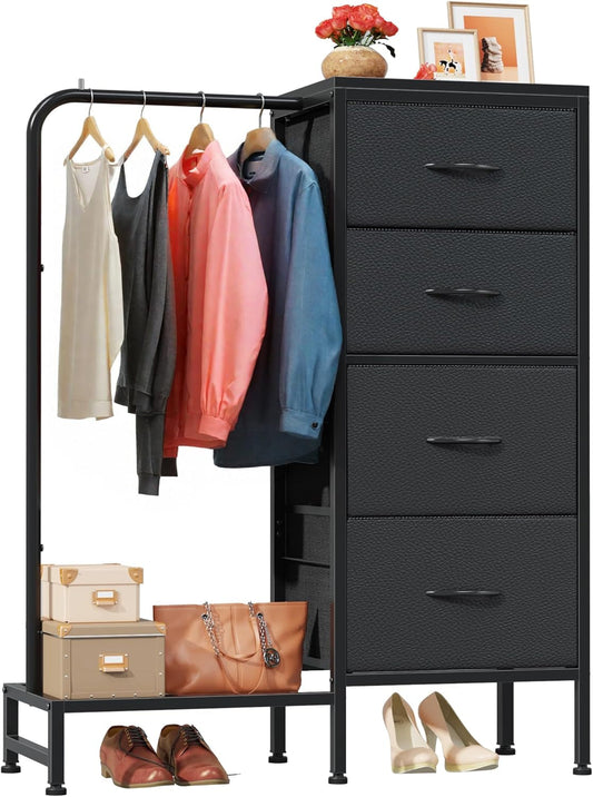 Dresser with Hanging Rack, 4 Drawers Small Dresser for Bedroom, Reversable Fabric Kids Dresser for Closet with Clothes Rack, Tall Chest of Drawers, Sturdy Frame, Black, 44''H-0