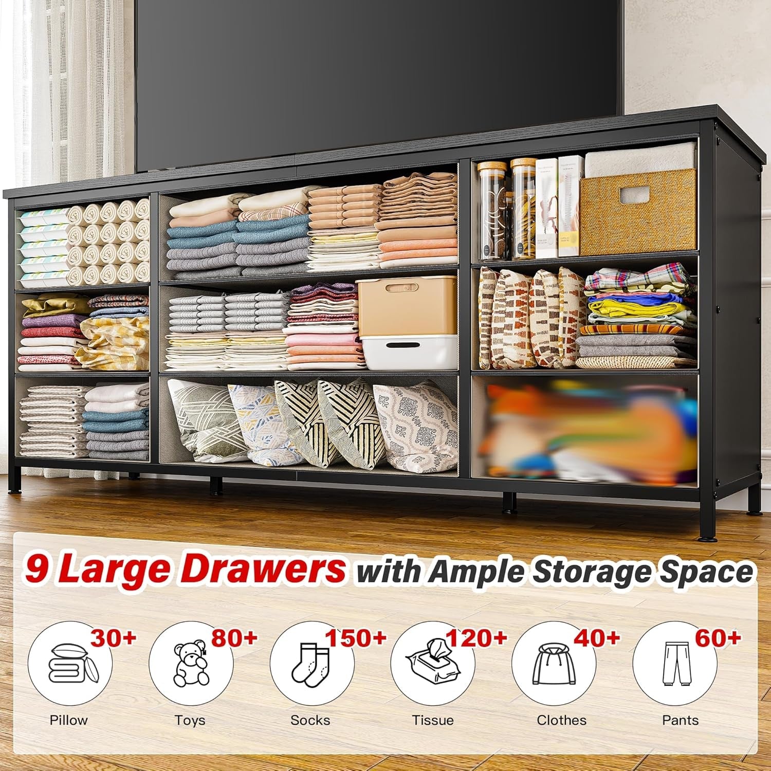 Dresser, Dresser for Bedroom with 9 Drawers, Wide Dresser TV Stand for 55” TV Stand for Bedroom Dresser Long Dressers & Chests of Drawers, Metal Frame&Wood Top, Closet, Hallway, Charcoal Black-3
