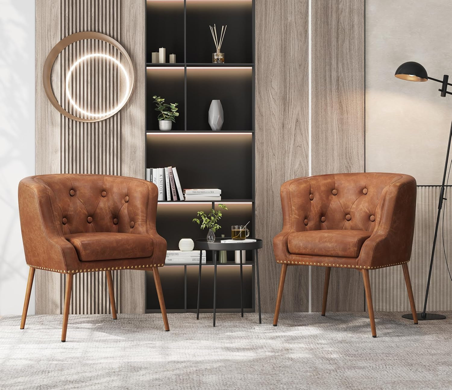 Modern Accent Chair, PU Leather Retro Armchair, Upholstered Barrel Chair with Metal Leg and Comfy Seat Cushion for Living Room Bedroom, Retro Brown, Set of 2-3